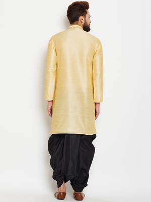 Gold Plain Raw Silk Men Kurtas 4