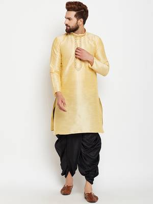 Gold Plain Raw Silk Men Kurtas 5