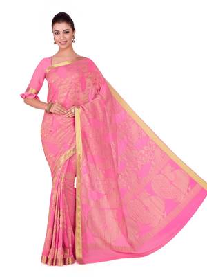 Pink Woven Chiffon Saree With Blouse 2