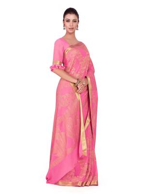 Pink Woven Chiffon Saree With Blouse 3