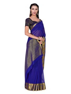 Blue woven chiffon saree with blouse 3
