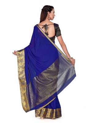 Blue woven chiffon saree with blouse 4