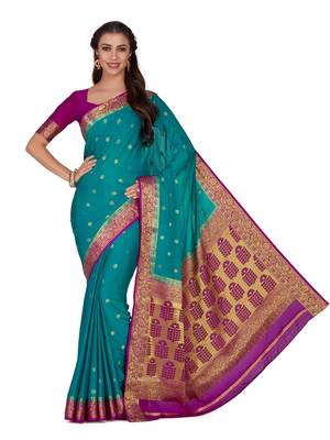 Blue woven crepe saree with blouse 2