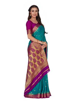 Blue woven crepe saree with blouse 3