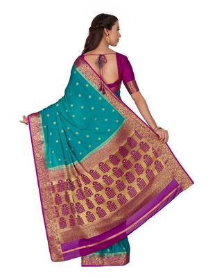 Blue woven crepe saree with blouse 4