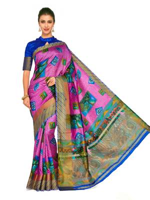 Pink Printed Raw Silk Saree With Blouse 2