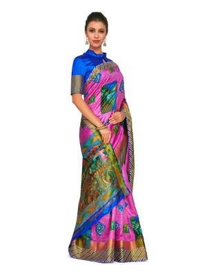 Pink Printed Raw Silk Saree With Blouse 3