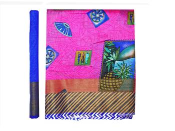 Pink Printed Raw Silk Saree With Blouse 8