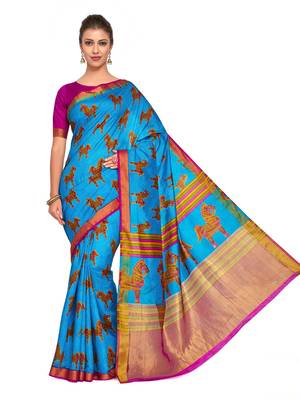 Turquoise Printed Raw Silk Saree With Blouse 2