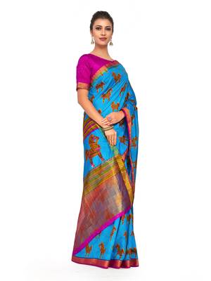 Turquoise Printed Raw Silk Saree With Blouse 3