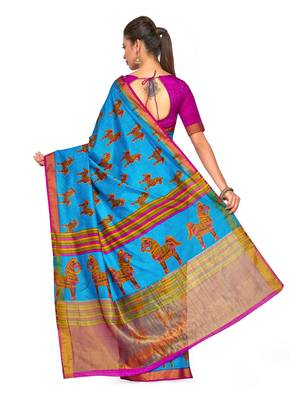 Turquoise Printed Raw Silk Saree With Blouse 4