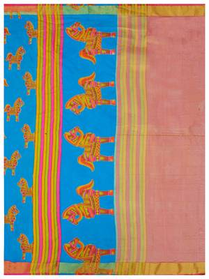 Turquoise Printed Raw Silk Saree With Blouse 7
