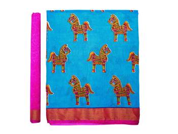 Turquoise Printed Raw Silk Saree With Blouse 8