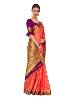 Orange Woven Crepe Saree With Blouse 3