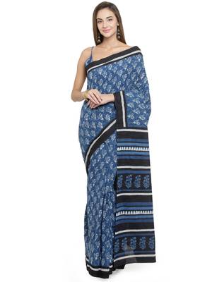 Geroo Jaipur Indigo printed cotton saree with blouse 1