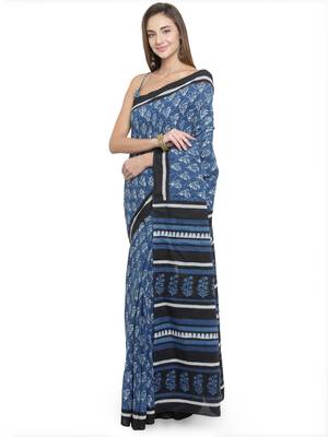 Geroo Jaipur Indigo printed cotton saree with blouse 2