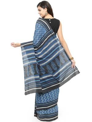 Indigo printed cotton saree  4