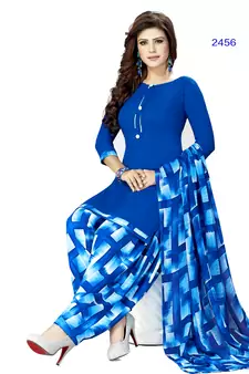 blue printed synthetic unstitched salwar with dupatta