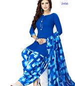 blue printed synthetic unstitched salwar with dupatta