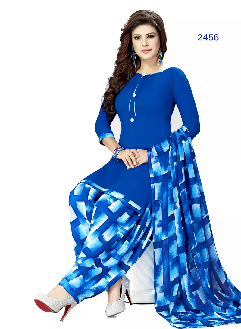 blue printed synthetic unstitched salwar with dupatta