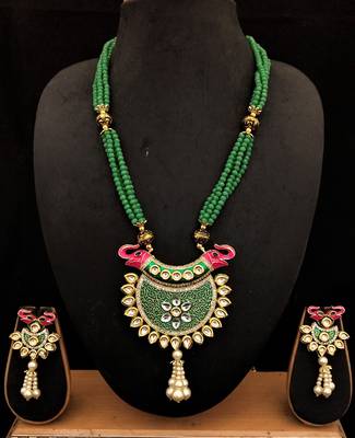 Pink Green Cyrstal Kundan Meenakari Elephant Jewelry Set 1