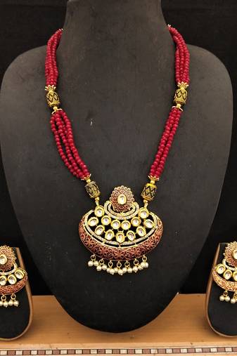 Red Maroon Cyrstal Kundan Meenakar Jewelry Set