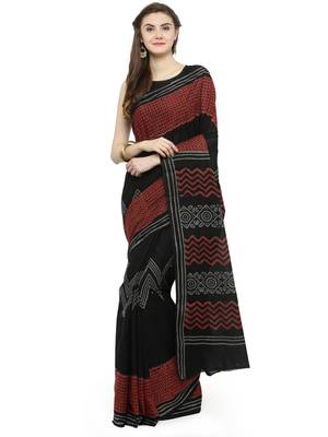 Black & Red Bagru Hand Block Printed Pure Cotton Saree 1