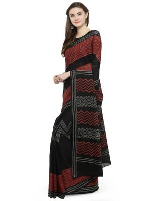 Black & Red Bagru Hand Block Printed Pure Cotton Saree 2