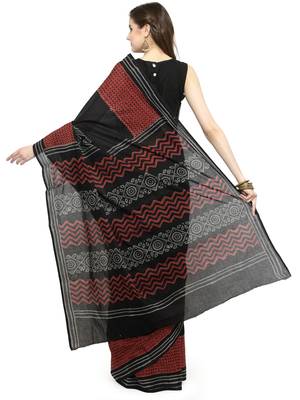 Black & Red Bagru Hand Block Printed Pure Cotton Saree 3