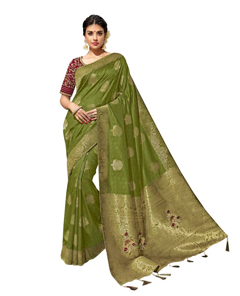 Women's Cotton Silk Green Woven Design Designer Saree With Blouse Piece