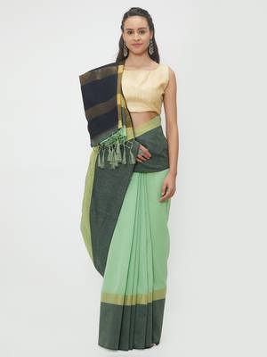 Sea Green Woven Linen Saree With Blouse 1