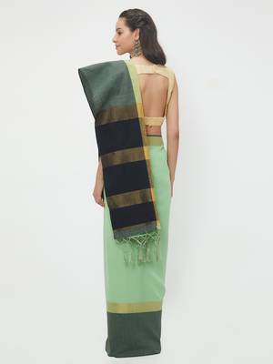 Sea Green Woven Linen Saree With Blouse 2