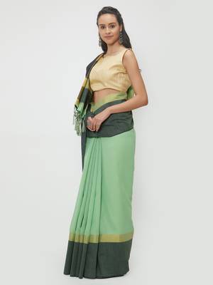 Sea Green Woven Linen Saree With Blouse 3