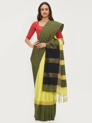 Yellow Woven Linen Saree With Blouse 1