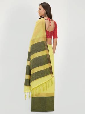 Yellow Woven Linen Saree With Blouse 2