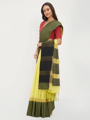 Yellow Woven Linen Saree With Blouse 3