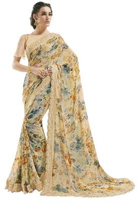 Peach printed georgette saree with blouse 1
