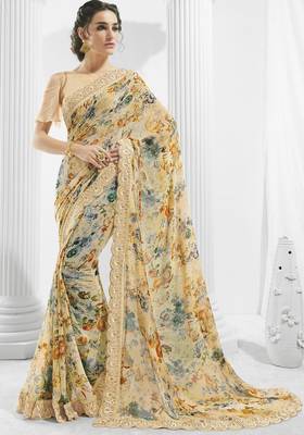 Peach printed georgette saree with blouse 2