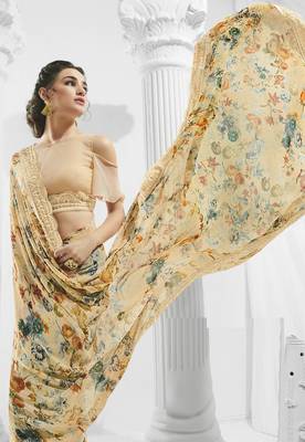 Peach printed georgette saree with blouse 3