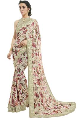 Peach printed georgette saree with blouse 1