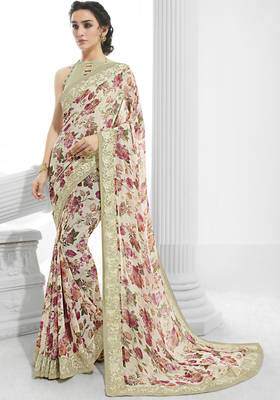 Peach printed georgette saree with blouse 2