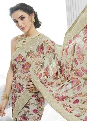 Peach printed georgette saree with blouse 3