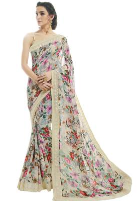 Off white printed georgette saree with blouse 1
