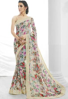 Off white printed georgette saree with blouse 2