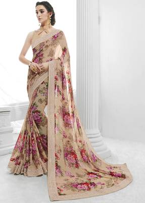 Purple printed georgette saree with blouse 2