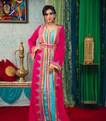 Pink And Aqua Blue Color Thread Work Morrocon Muslim Wedding Dress Kaftan