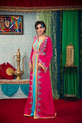 Pink And Aqua Blue Color Thread Work Morrocon Muslim Wedding Dress Kaftan 2