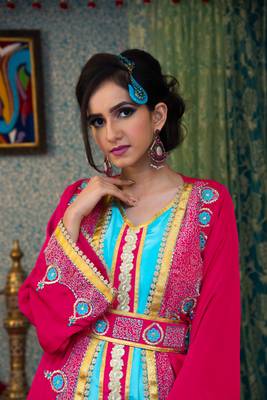 Pink And Aqua Blue Color Thread Work Morrocon Muslim Wedding Dress Kaftan 3