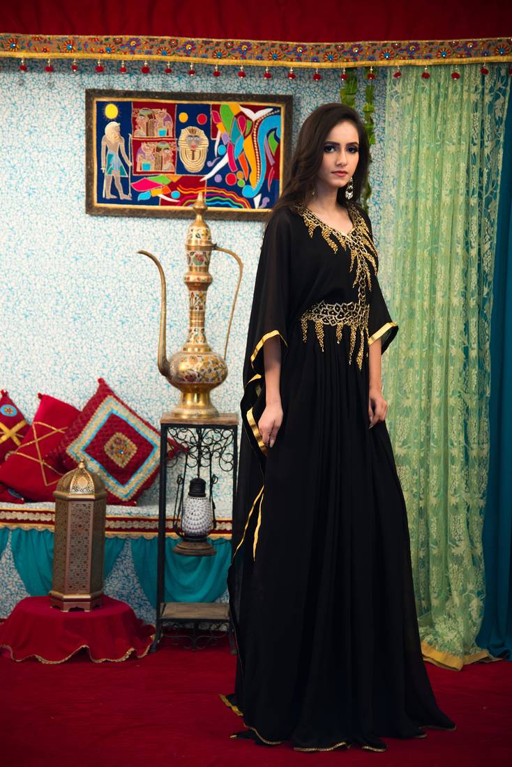 Black Color Georgette Hand Beaded Muslim Wedding Dress Kaftan