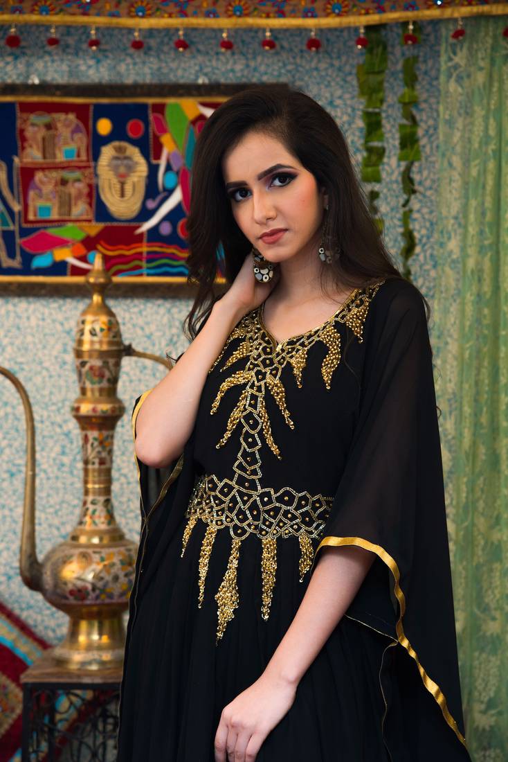 Black Color Georgette Hand Beaded Muslim Wedding Dress Kaftan
